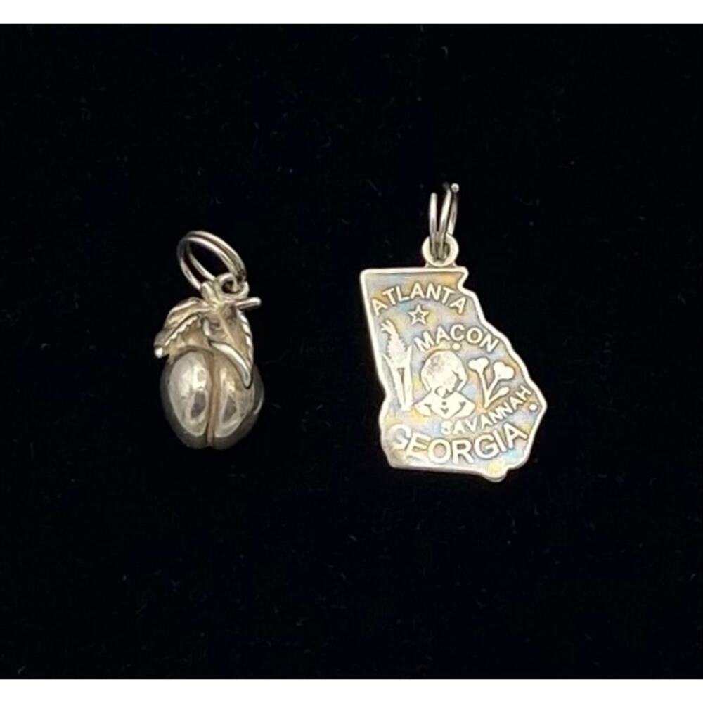 Vintage Sterling Silver Georgia State Map & Peach Charms Lot Travel Souvenirs